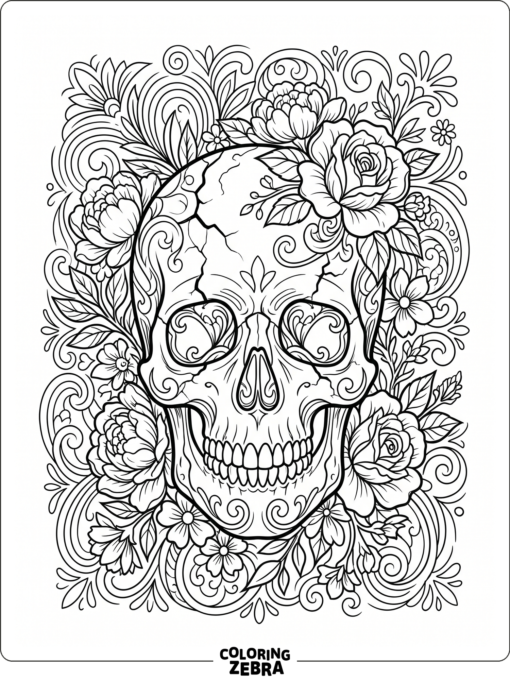 A decorative skull with flowers and curved patterns