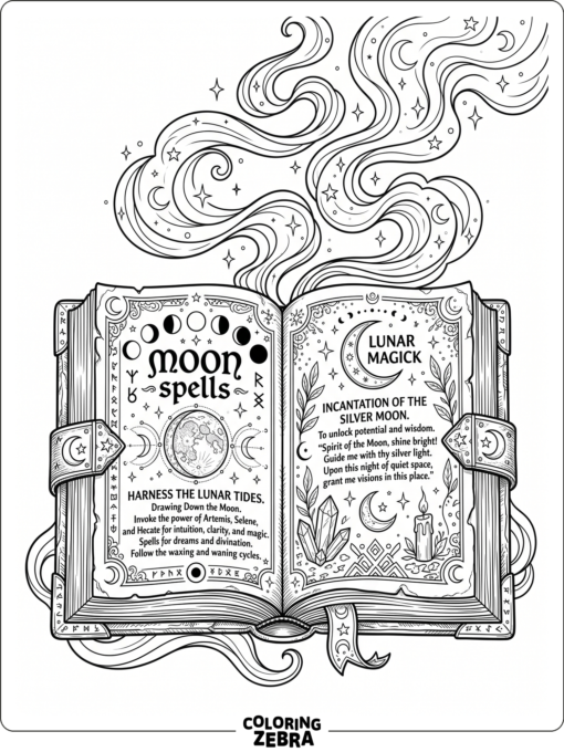 An open spell book with moon symbols