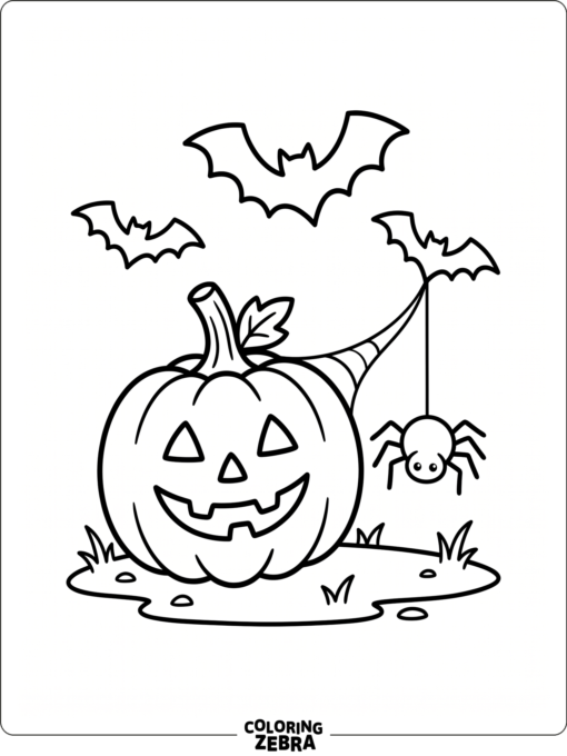 A spider near a jack-o-lantern with bats above