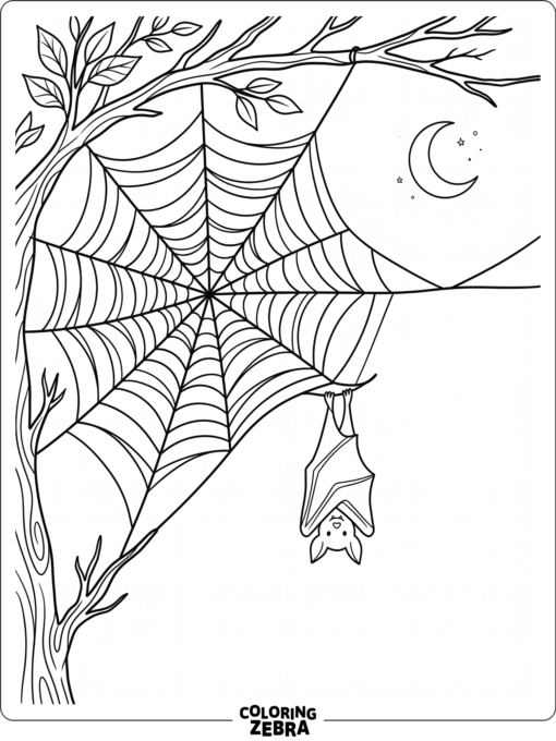 A spider web with a bat and moon