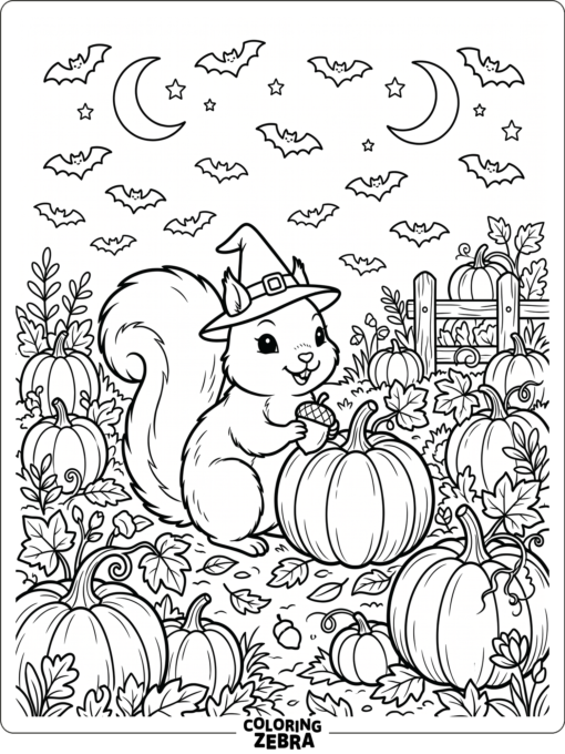 A squirrel in a witch hat near pumpkins