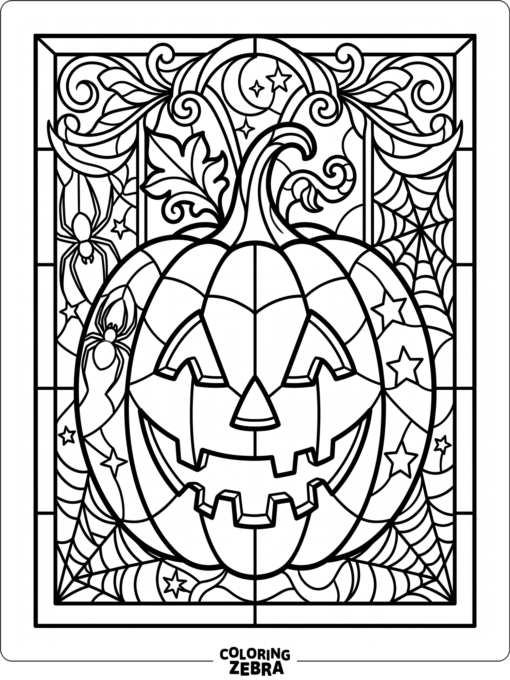Jack-o-lantern framed by stars and web shapes