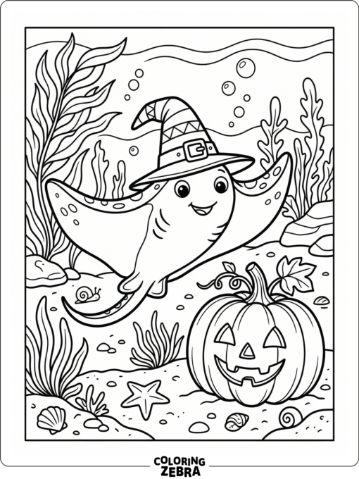 A stingray in a witch hat beside a pumpkin