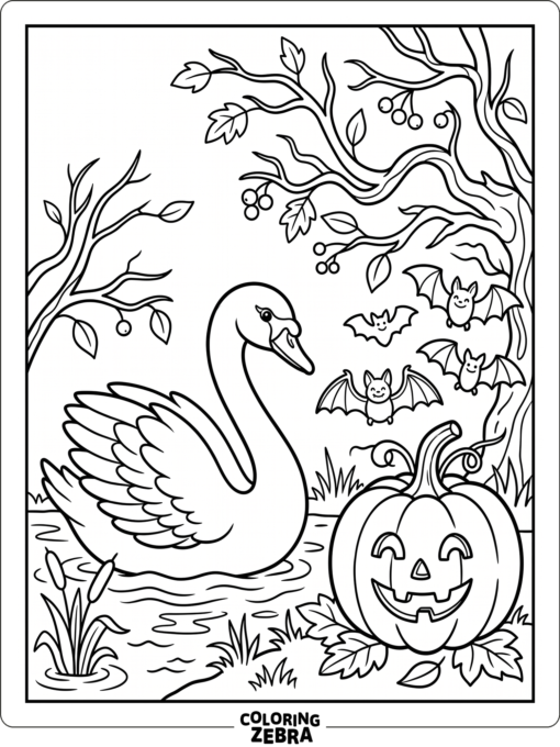 A swan with a pumpkin and small bat decorations