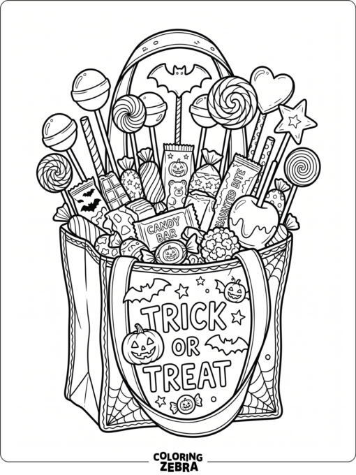 Trick-or-treat bag filled with candy and lollipops