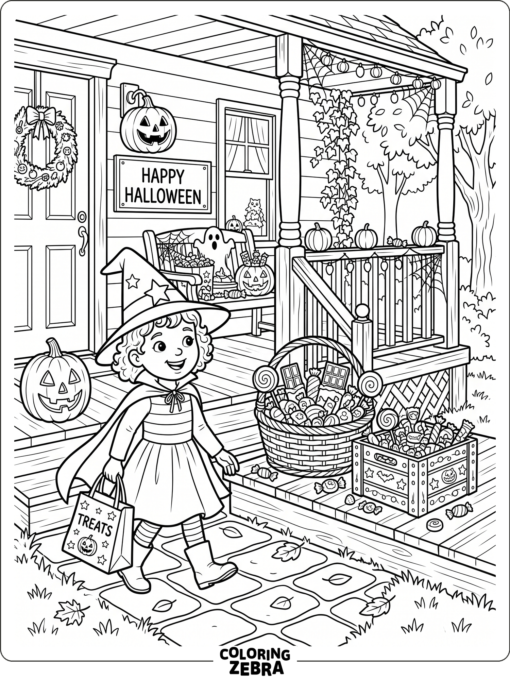 A trick or treat child with a candy bag and porch decorations