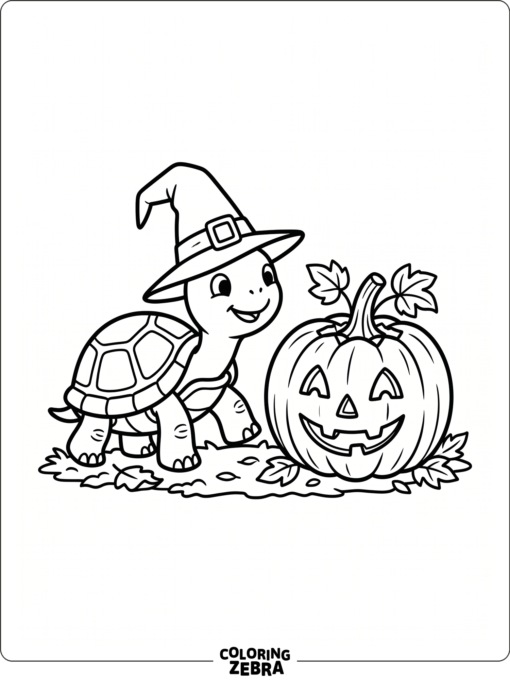 A turtle wearing a witch hat beside a pumpkin