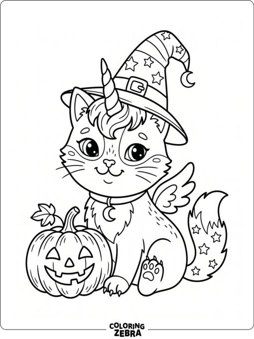 A Halloween unicorn cat wearing a witch hat
