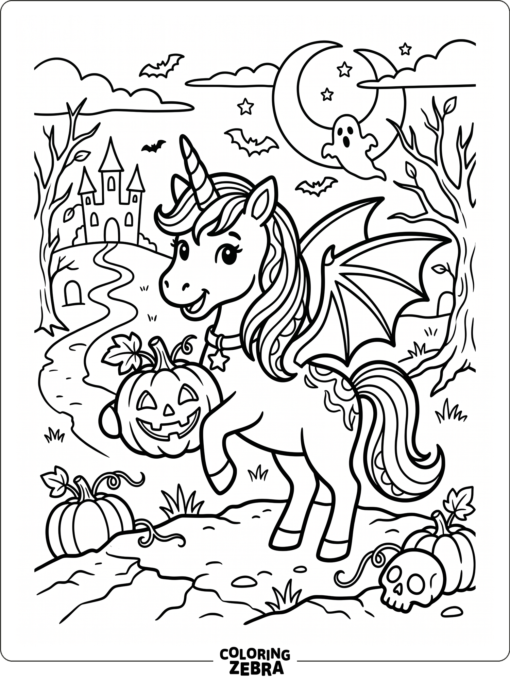 A unicorn with a pumpkin and bat wings