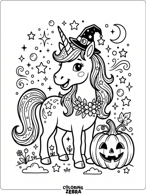 Halloween unicorn with stars and a pumpkin