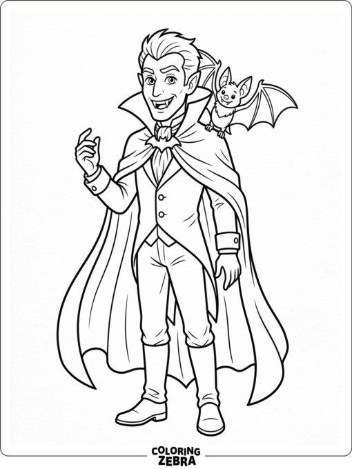 A vampire with a cape, fangs, and a bat