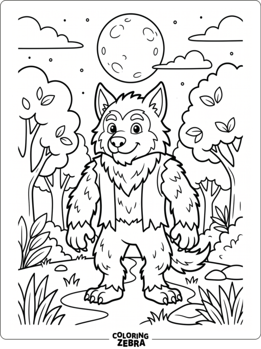 A werewolf with shaggy fur under a full moon