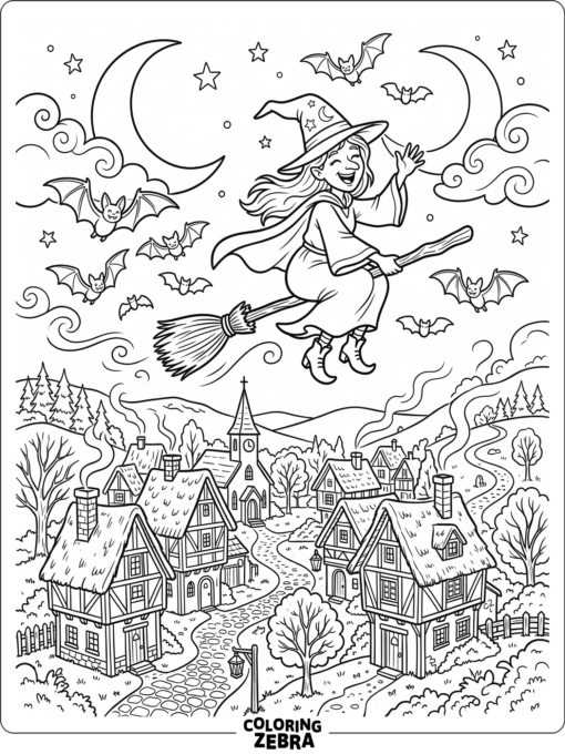 Witch on a broom over a village