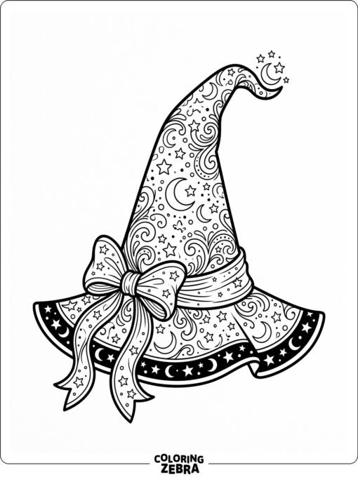 A witch hat with stars, moon, and ribbon details