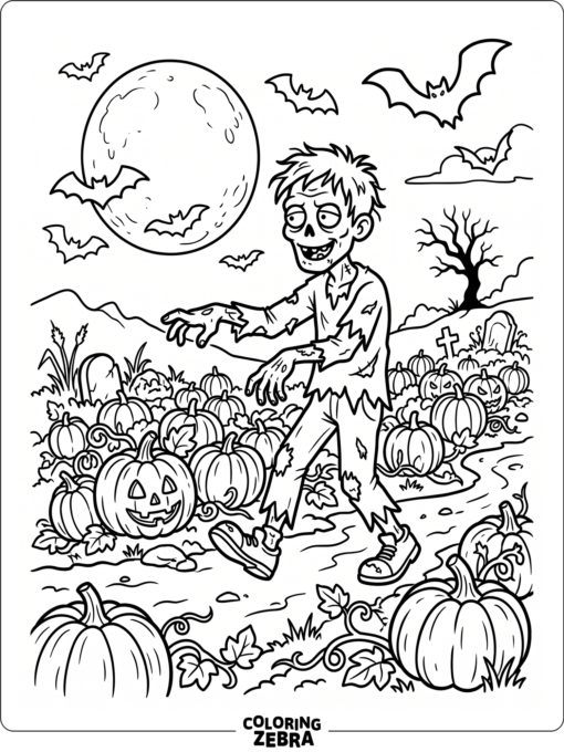 A zombie standing in a pumpkin patch under a moon