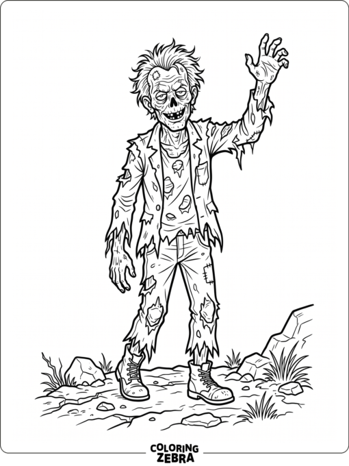 A zombie with torn clothes and a crooked smile