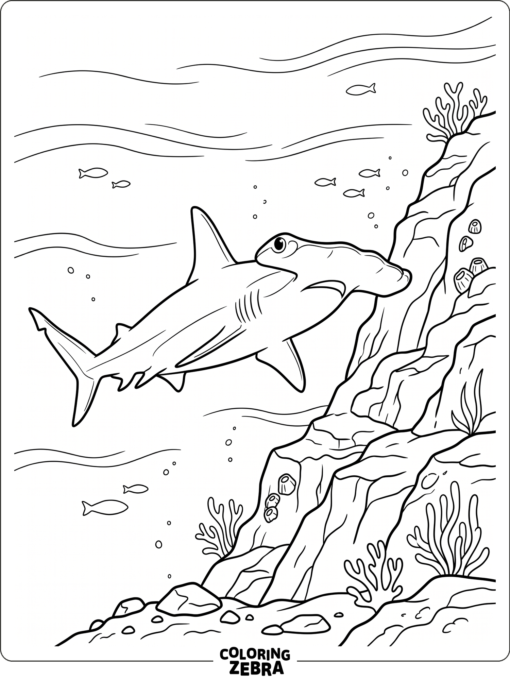 A hammerhead shark near a rocky reef