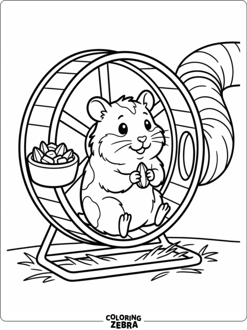 A hamster sits beside its wheel, seed bowl, and a small tunnel
