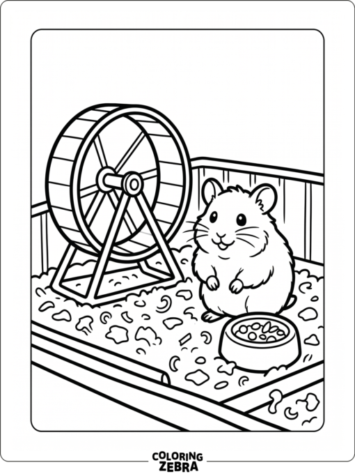 A hamster with a wheel, bowl, and bedding around it