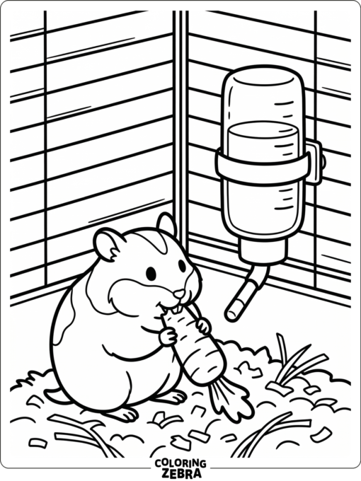 A hamster nibbling a carrot near a water bottle