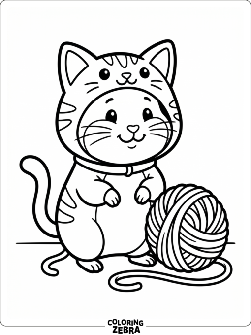 A hamster in a cat costume beside a yarn ball