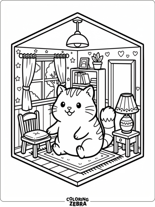A hamster kitty in a dollhouse room with a chair and lamp