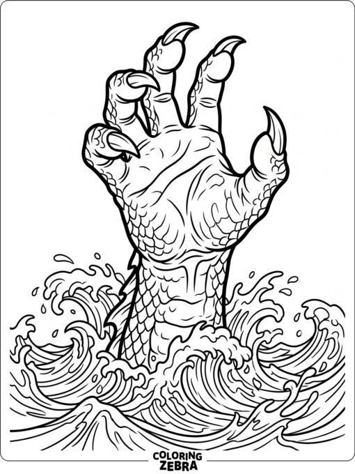 A sea monster hand rising from the waves