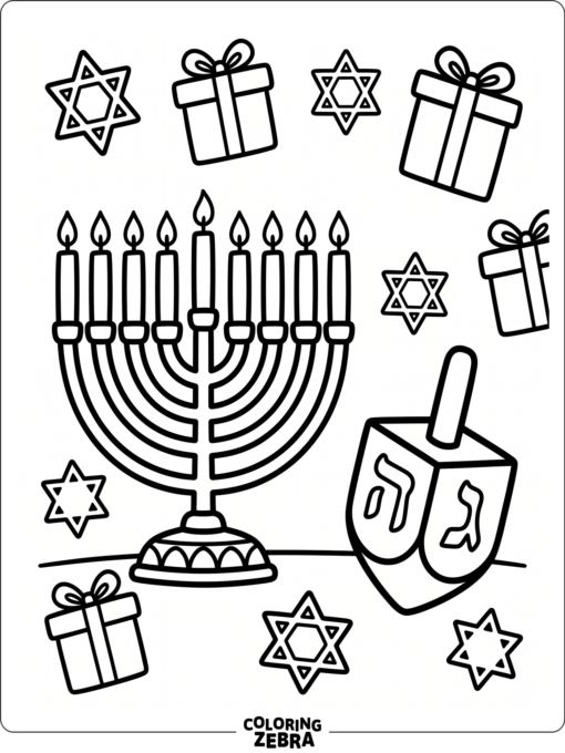 A menorah, dreidel, and gift boxes with simple stars