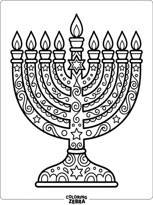 An ornate menorah with swirls, stars, and borders