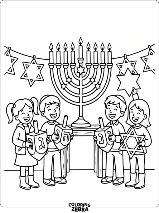 Children holding dreidels near a menorah and stars