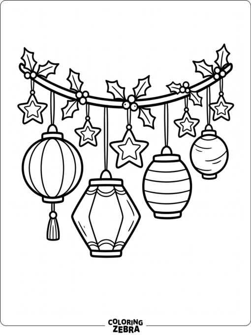 Holiday garland with star ornaments and paper lanterns