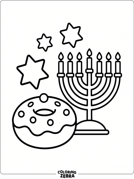 A round donut with sprinkles beside a menorah
