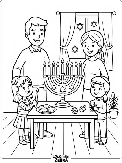 A family gathered around a menorah at a table