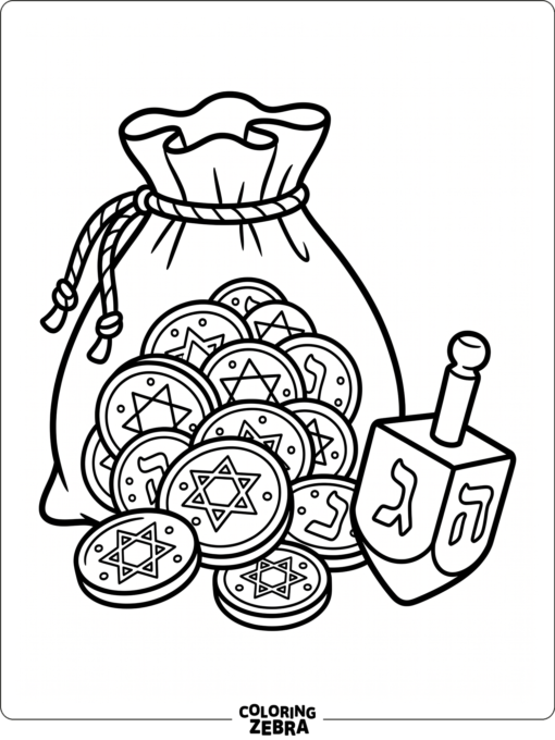 A pile of gelt coins in a pouch with a dreidel