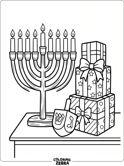 Wrapped presents stacked beside a menorah and dreidel