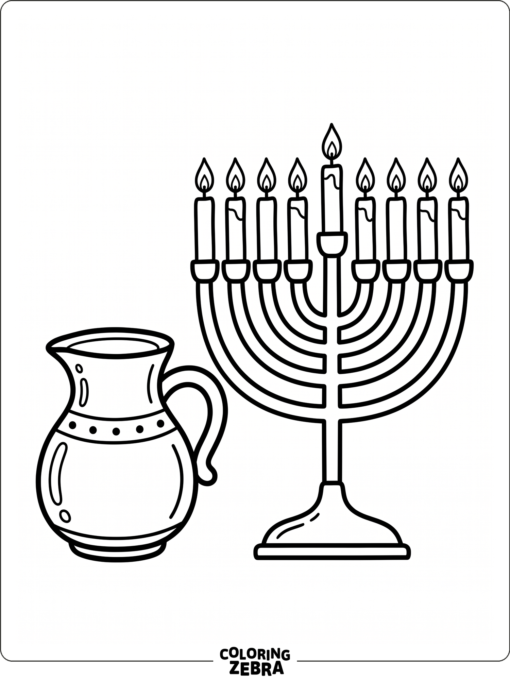 A small oil jug beside a menorah with a flame