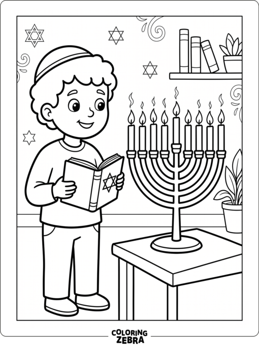 A person holding a prayer book beside a lit menorah