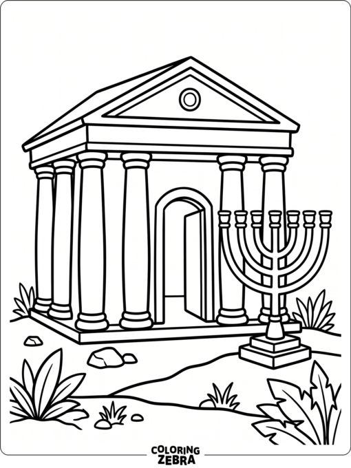 An ancient temple with columns and a menorah outside