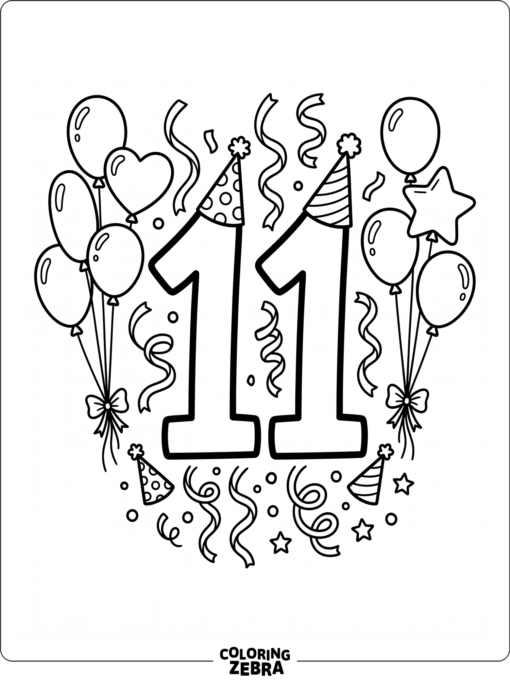 Large number 11 with balloons and party hats
