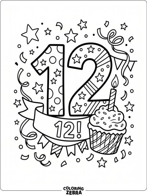 A large 12 with streamers, stars, and a cupcake