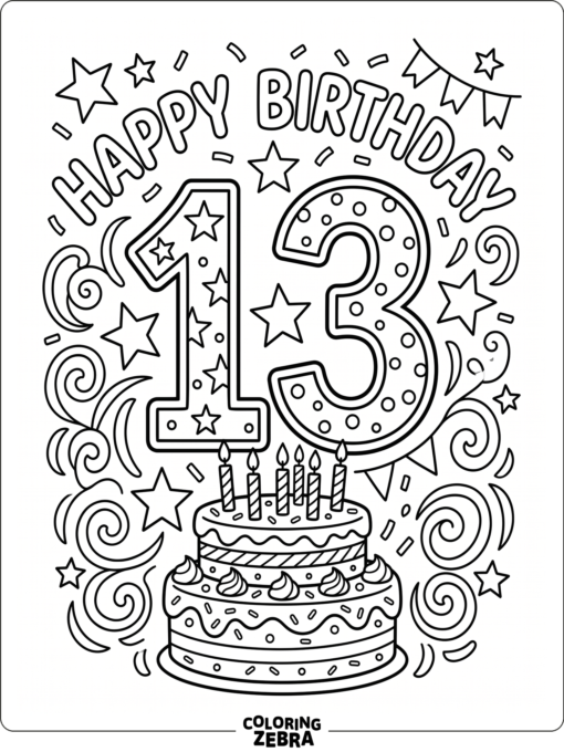 Number 13 with stars and a birthday cake