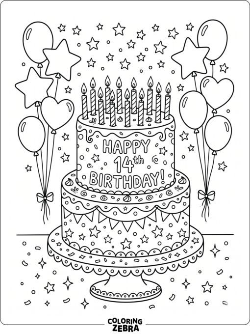 A birthday cake with fourteen candles and balloons