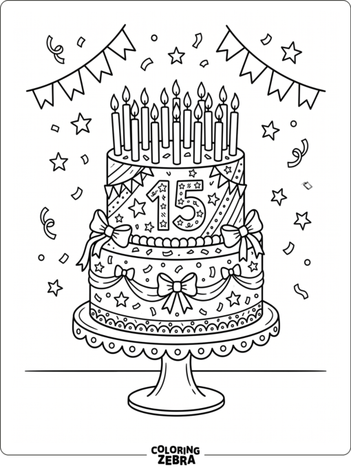 A birthday cake with fifteen candles and ribbons
