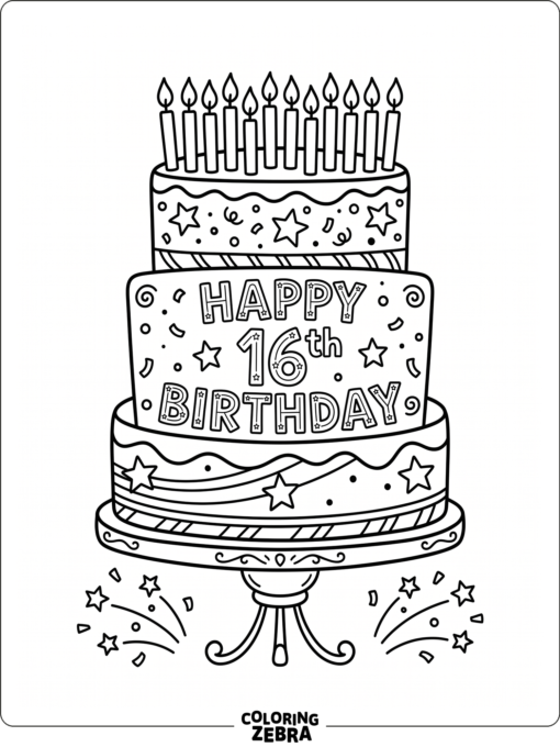 Sixteen candles top a birthday cake with stars and confetti