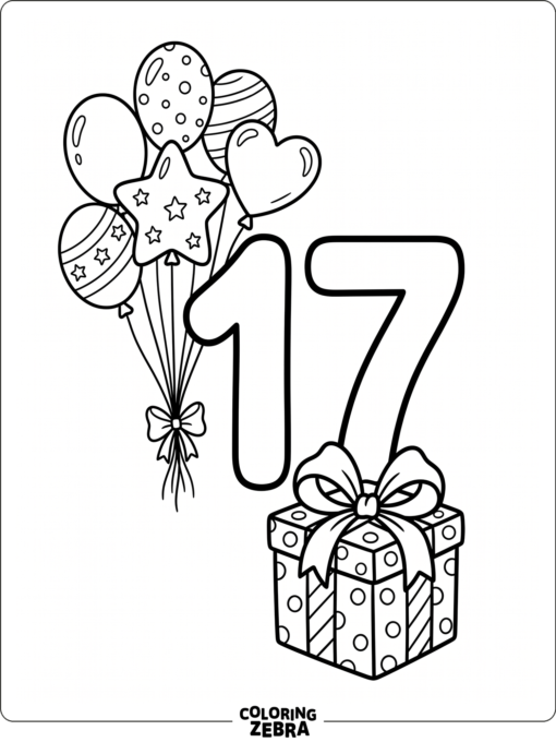 A large 17 with balloons and a gift box