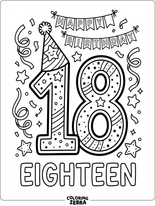 A large 18 with stars and a party hat