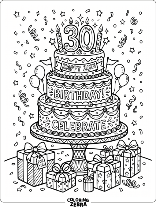 A 30th birthday cake with confetti and gifts