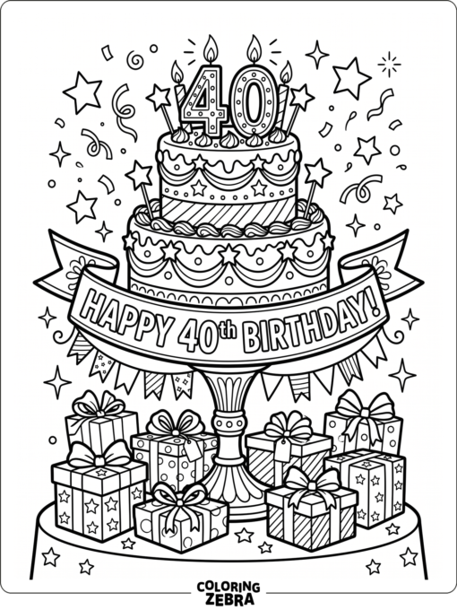 A 40th birthday cake with stars, ribbon, and gifts