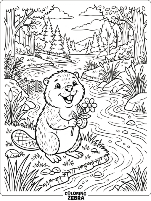 A happy beaver holding a flower beside a stream