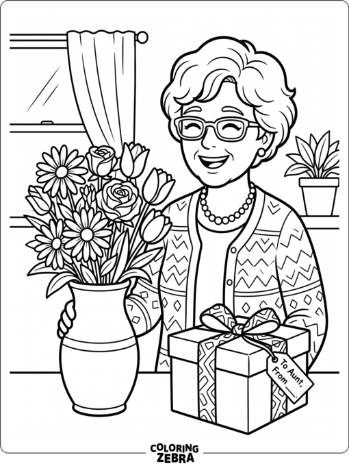 An aunt smiling beside flowers and a gift box